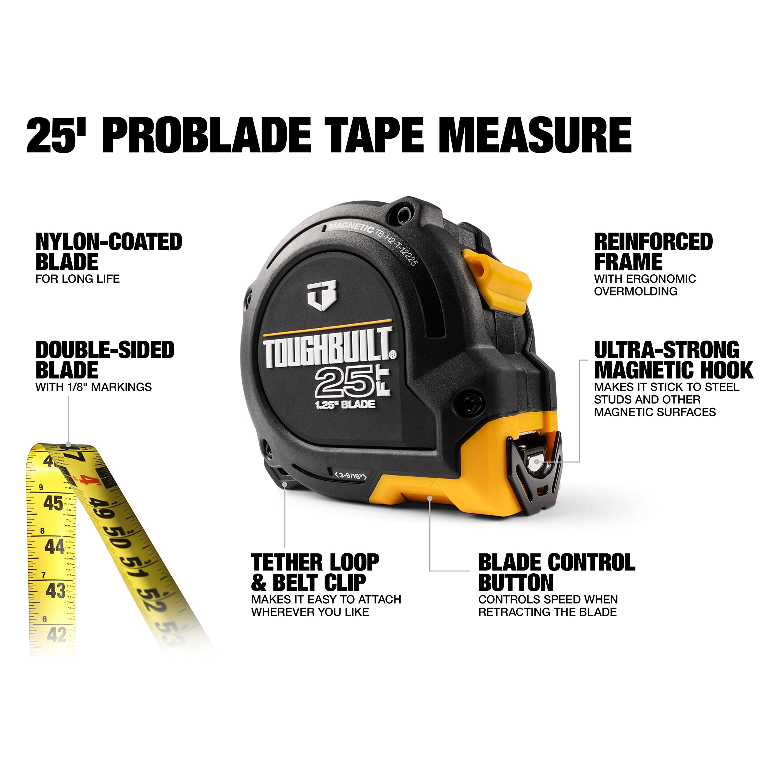 ToughBuilt ProBlade tape measure blade control button for safer retraction.