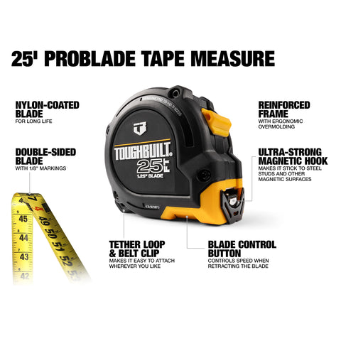 ToughBuilt ProBlade tape measure blade control button for safer retraction.