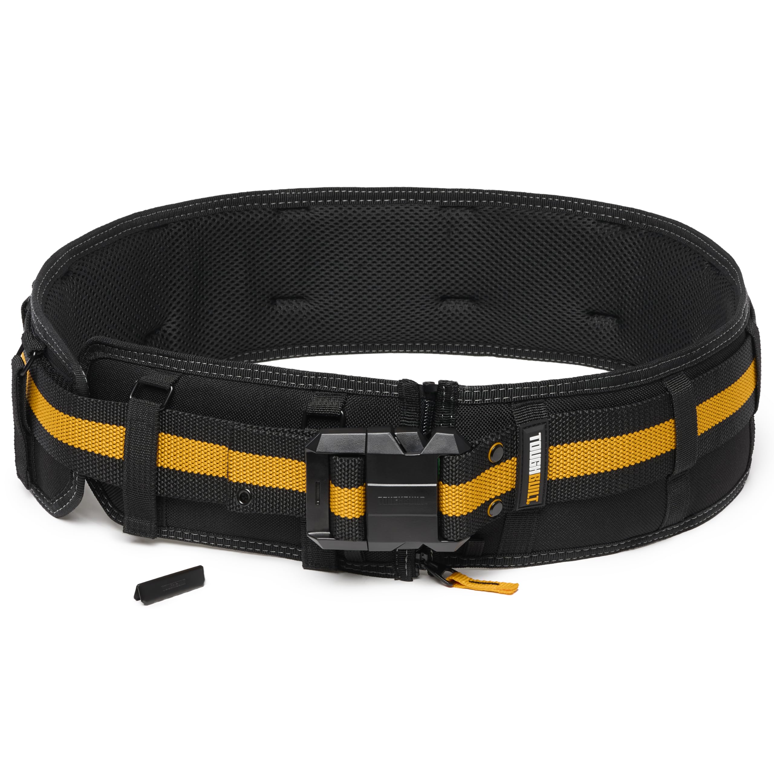 Durable steel buckle on ToughBuilt belt secures pouches and tools reliably.