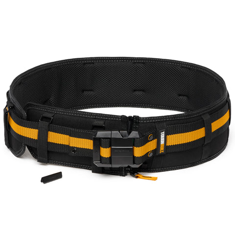 Durable steel buckle on ToughBuilt belt secures pouches and tools reliably.