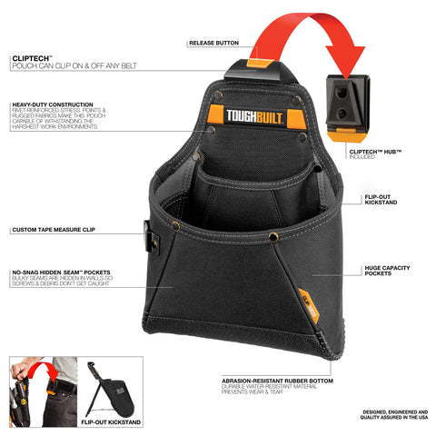 ToughBuilt Supply Pouch kickstand on table keeps tools reachable.