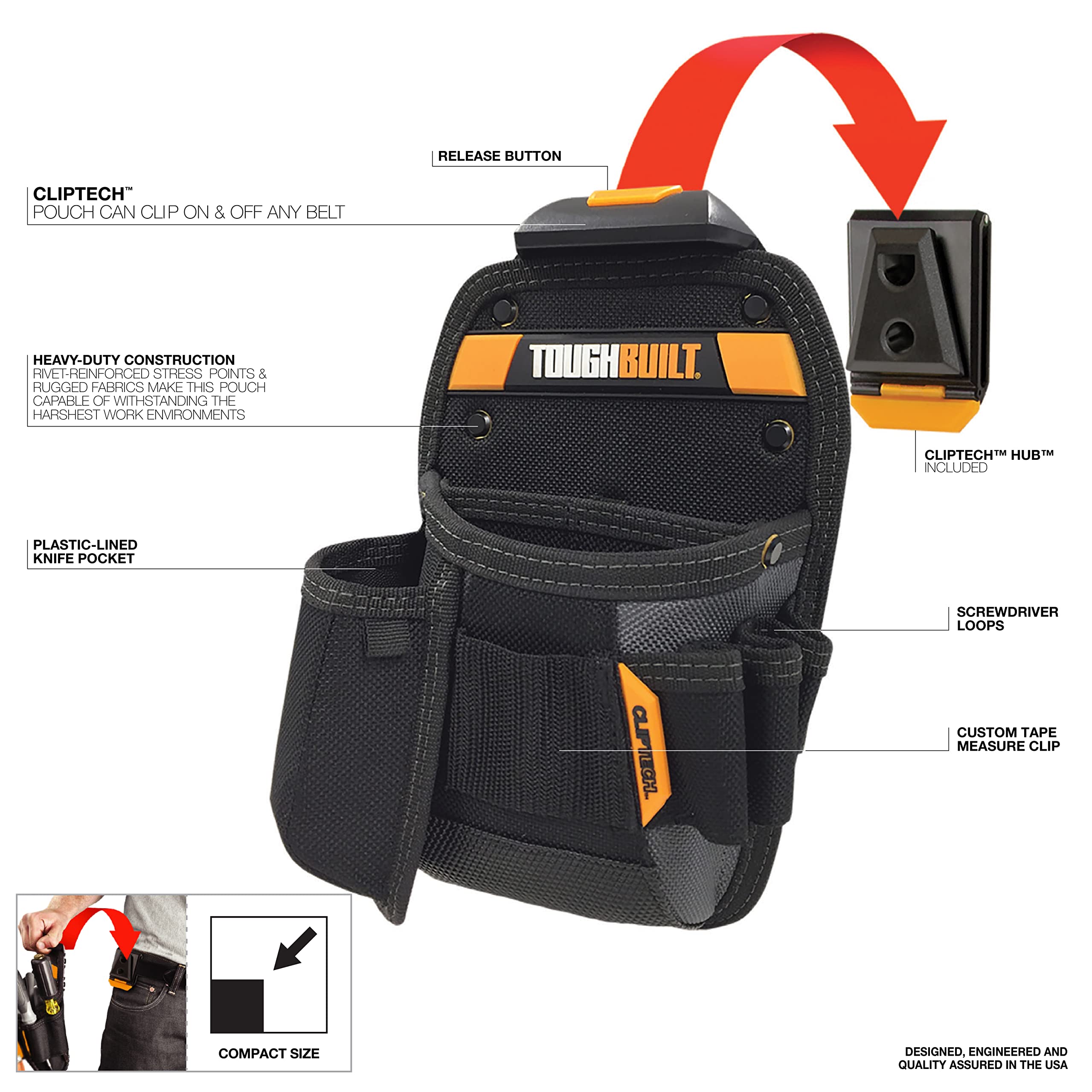 ToughBuilt UNIV POUCH 8PCKT rugged construction withstands harsh jobsite conditions.