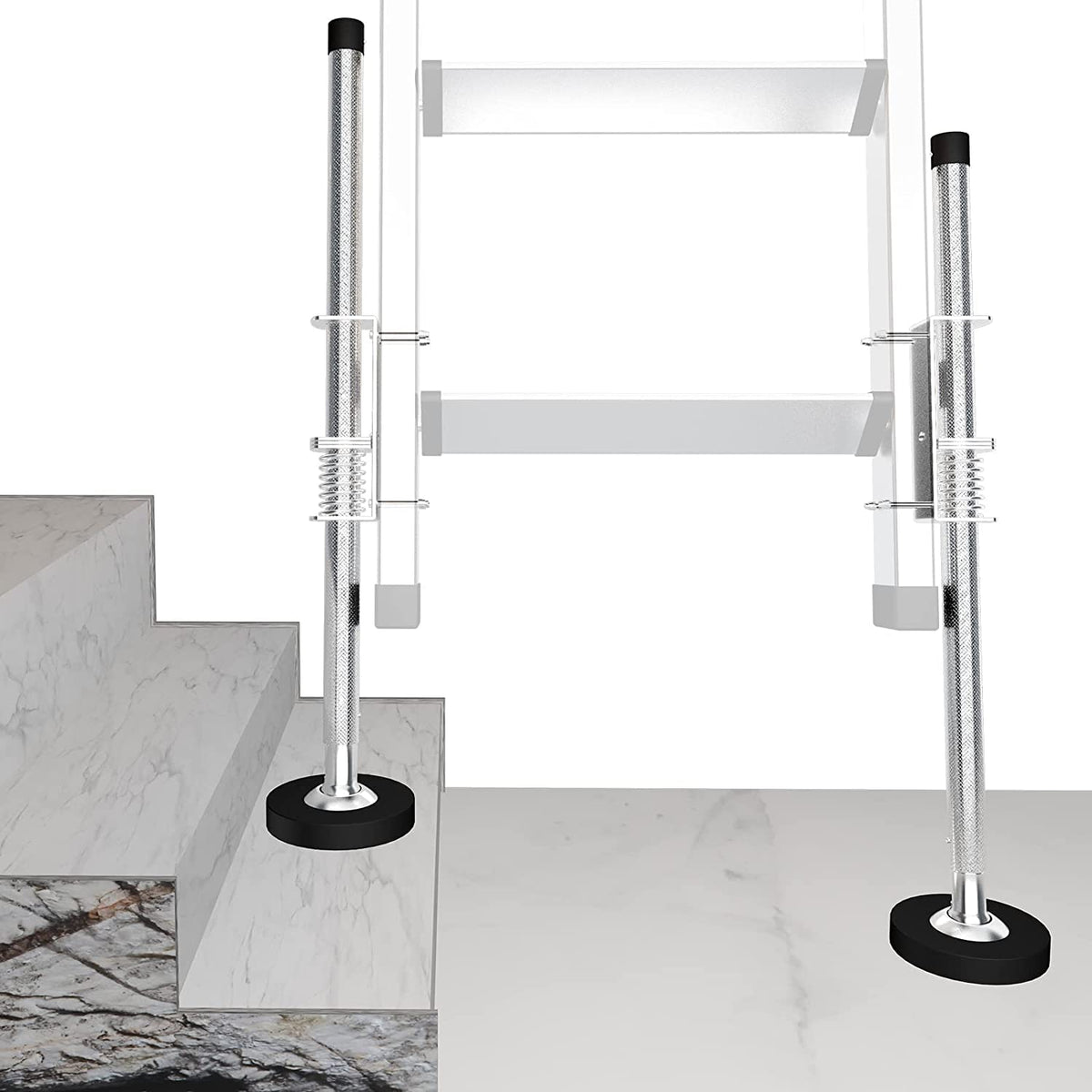 TOUGHER Ladder Leveler Pair front view shows sturdy alloy frame for stable setup