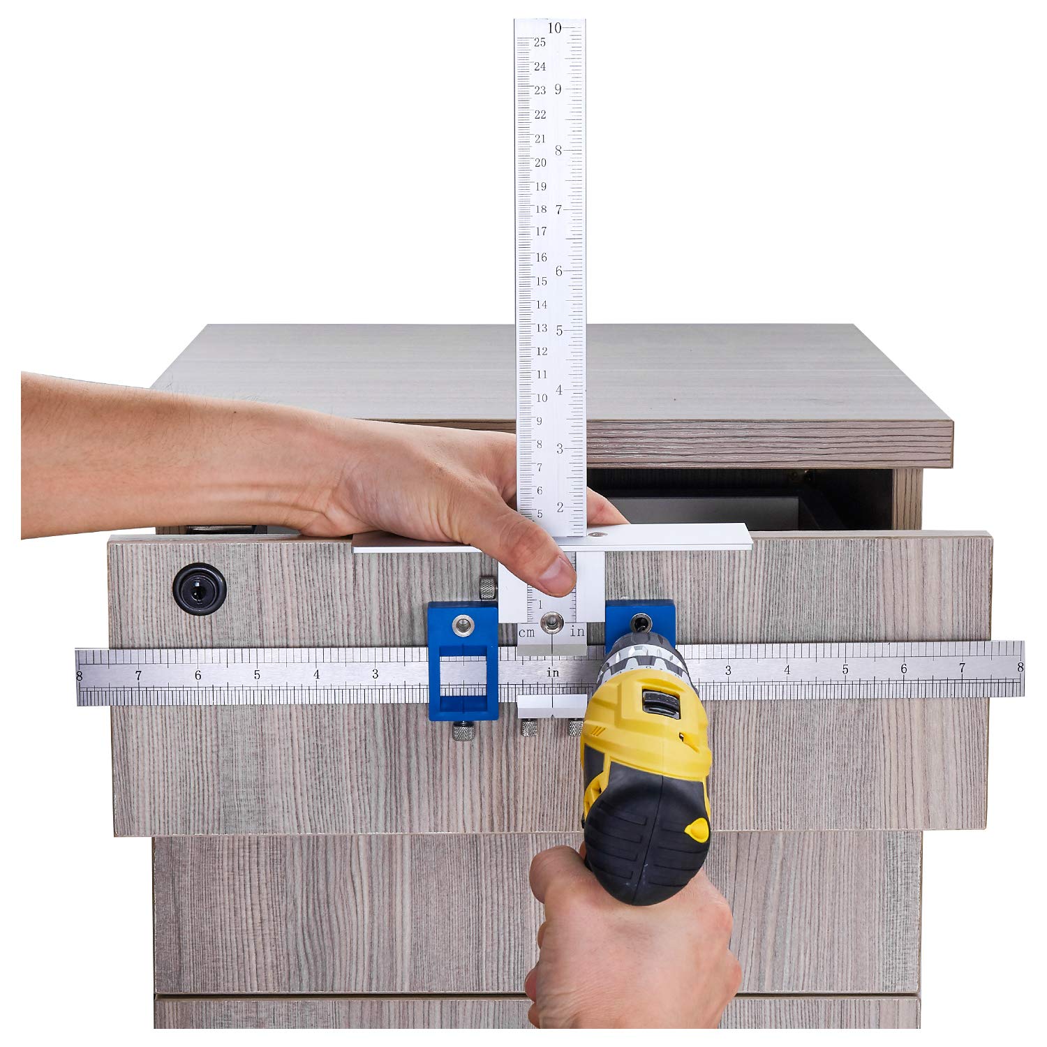 Tourace cabinet hardware jig laser-engraved scales ensure accurate imperial and metric alignment.