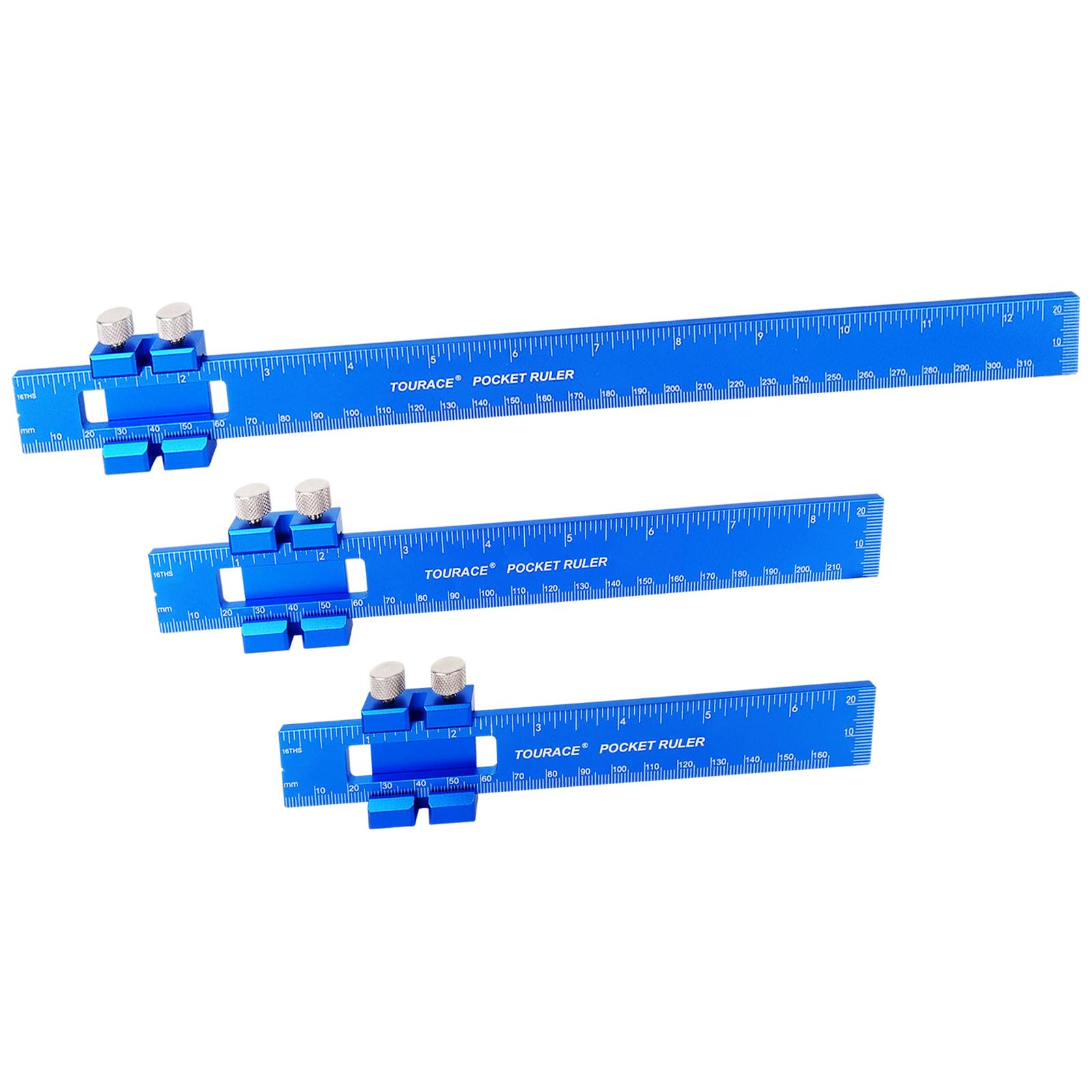 TOURACE aluminum ruler set, close-up with laser-engraved scales for precise carpentry measurements.