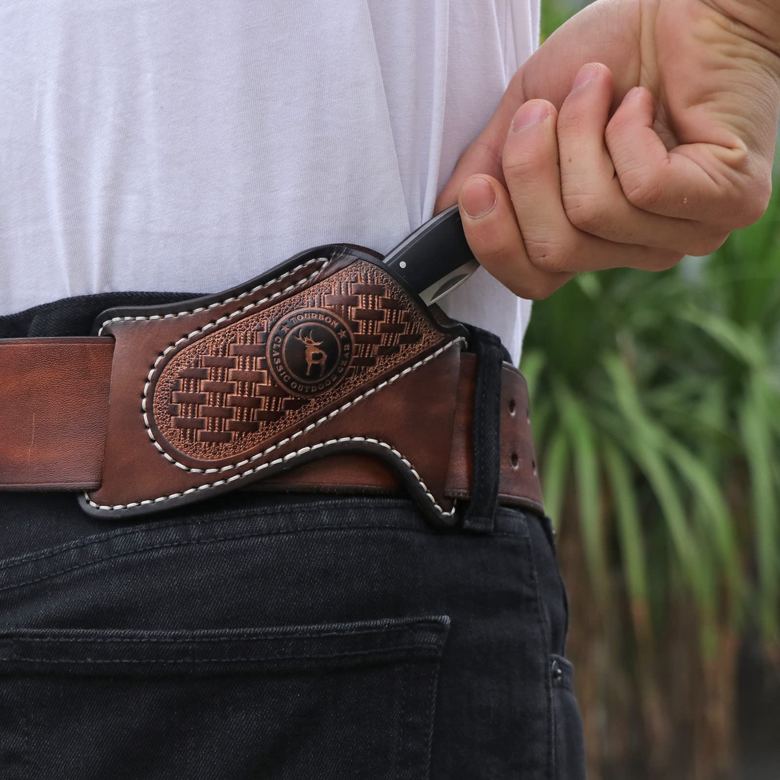 TOURBON knife holster on belt enables secure, easy slide-in retrieval