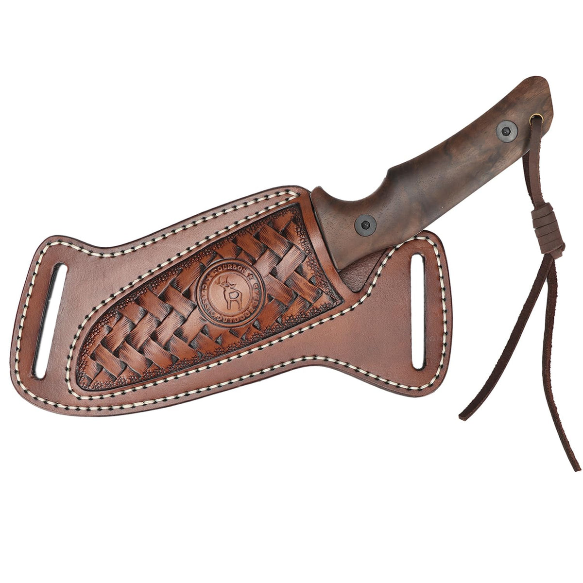 Tourbon leather fixed blade sheath on belt with open-top access.