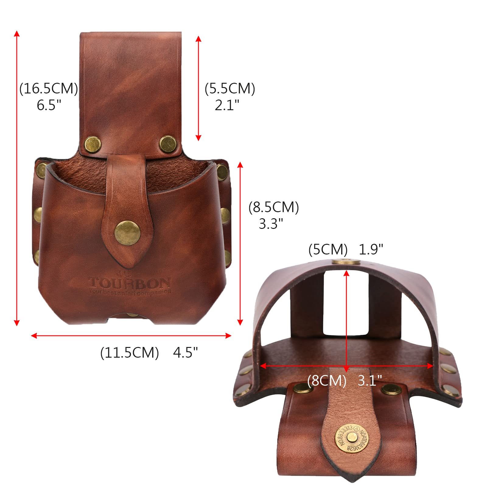 TOURBON leather tape measure pouch dark brown large, side view on belt