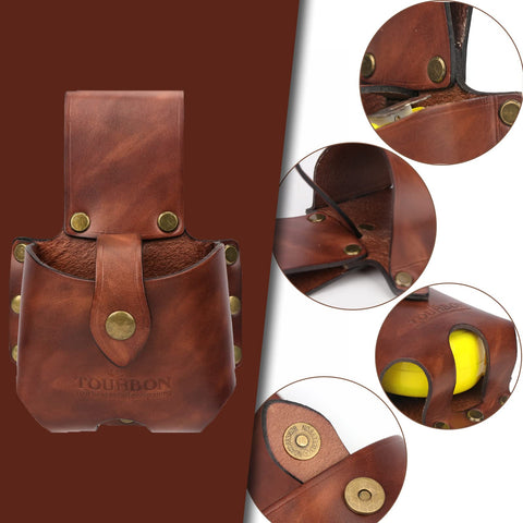 TOURBON leather tape measure pouch inside dimensions shown for fit guidance