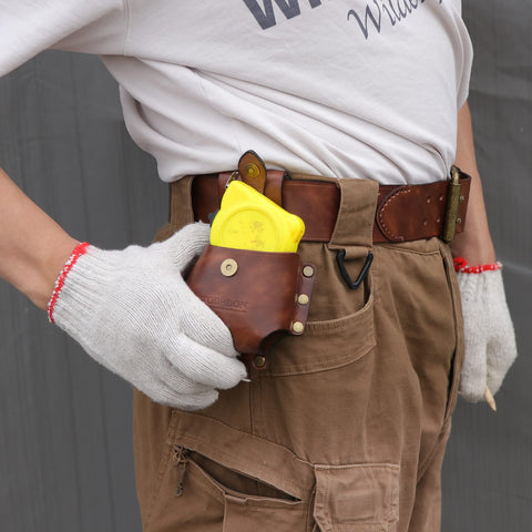 TOURBON leather tape measure pouch push-up design for easy one-handed pull