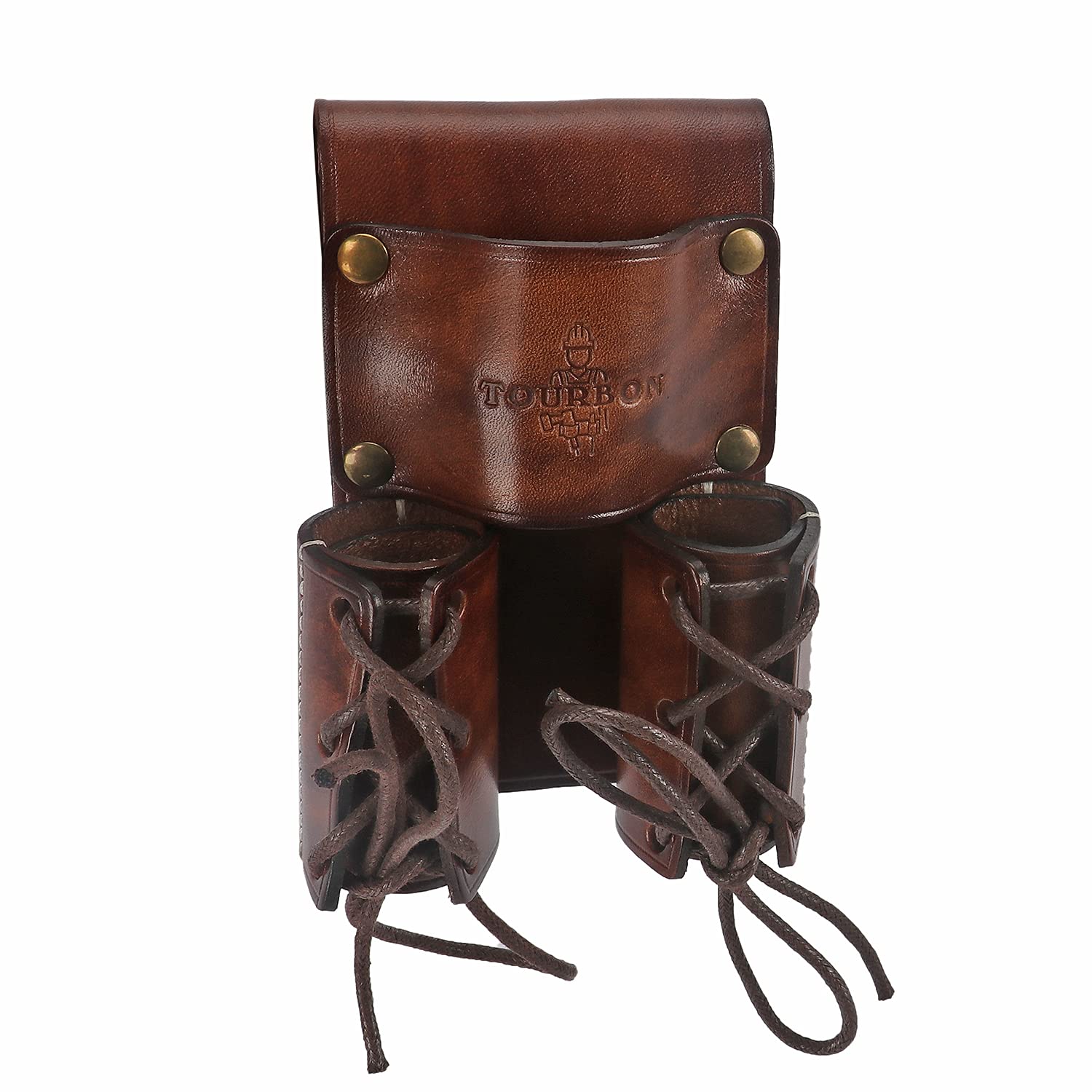 Tourbon leather tool organizer with bullpin holster on belt offers secure carry.