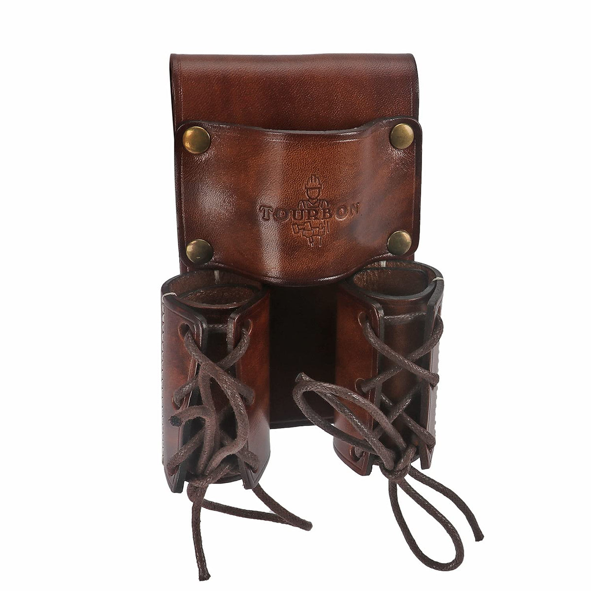 Tourbon leather tool organizer with bullpin holster on belt offers secure carry.