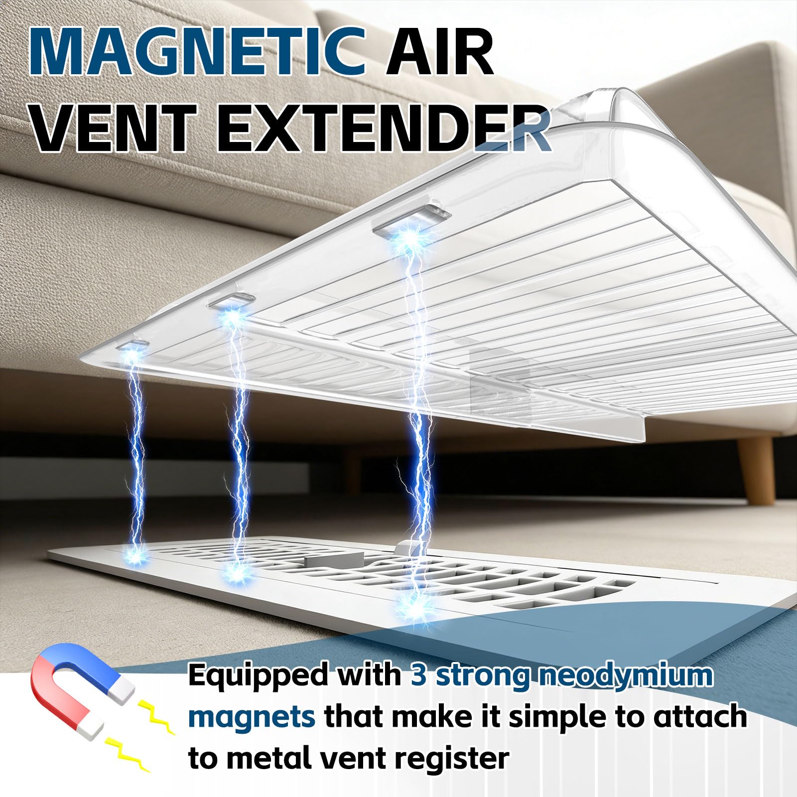 Extendable vent deflector shows 17–33 inch length for flexible room setup.