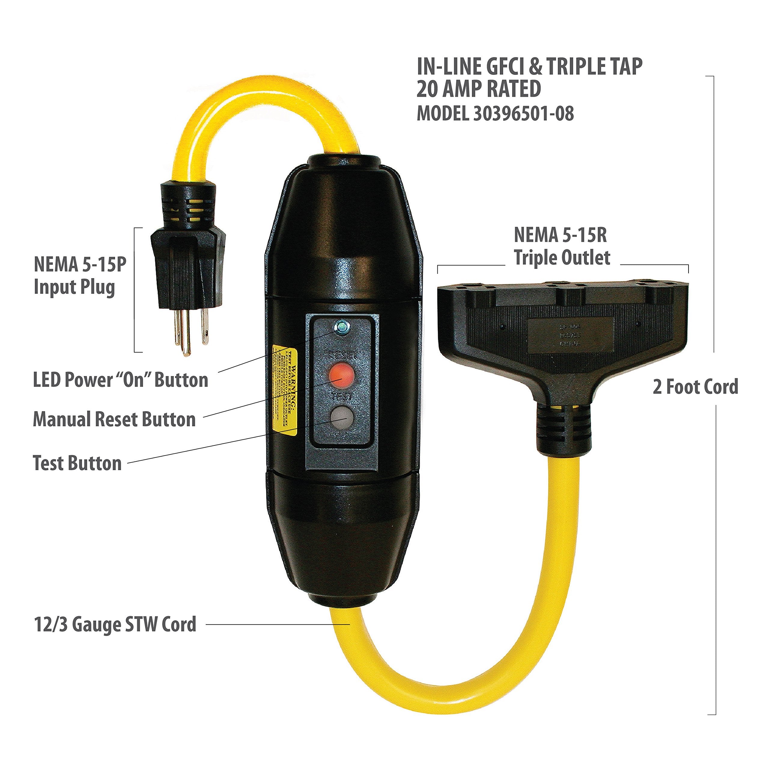 Tower Manufacturing GFCI cord with green LED indicator for quick power status.