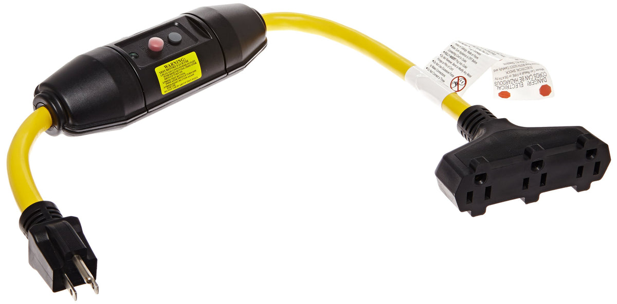 Tower Manufacturing GFCI triple-tap cord in yellow and black with three grounded outlets.