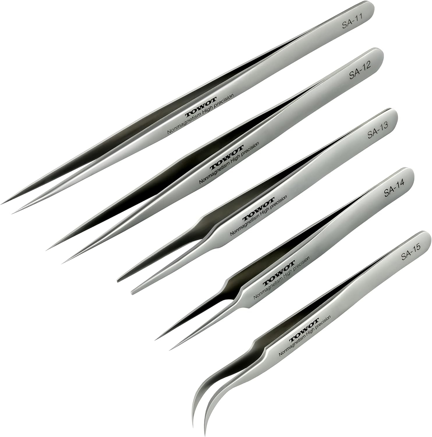 TOWOT precision tweezers with curved tips for jewelry and electronics.