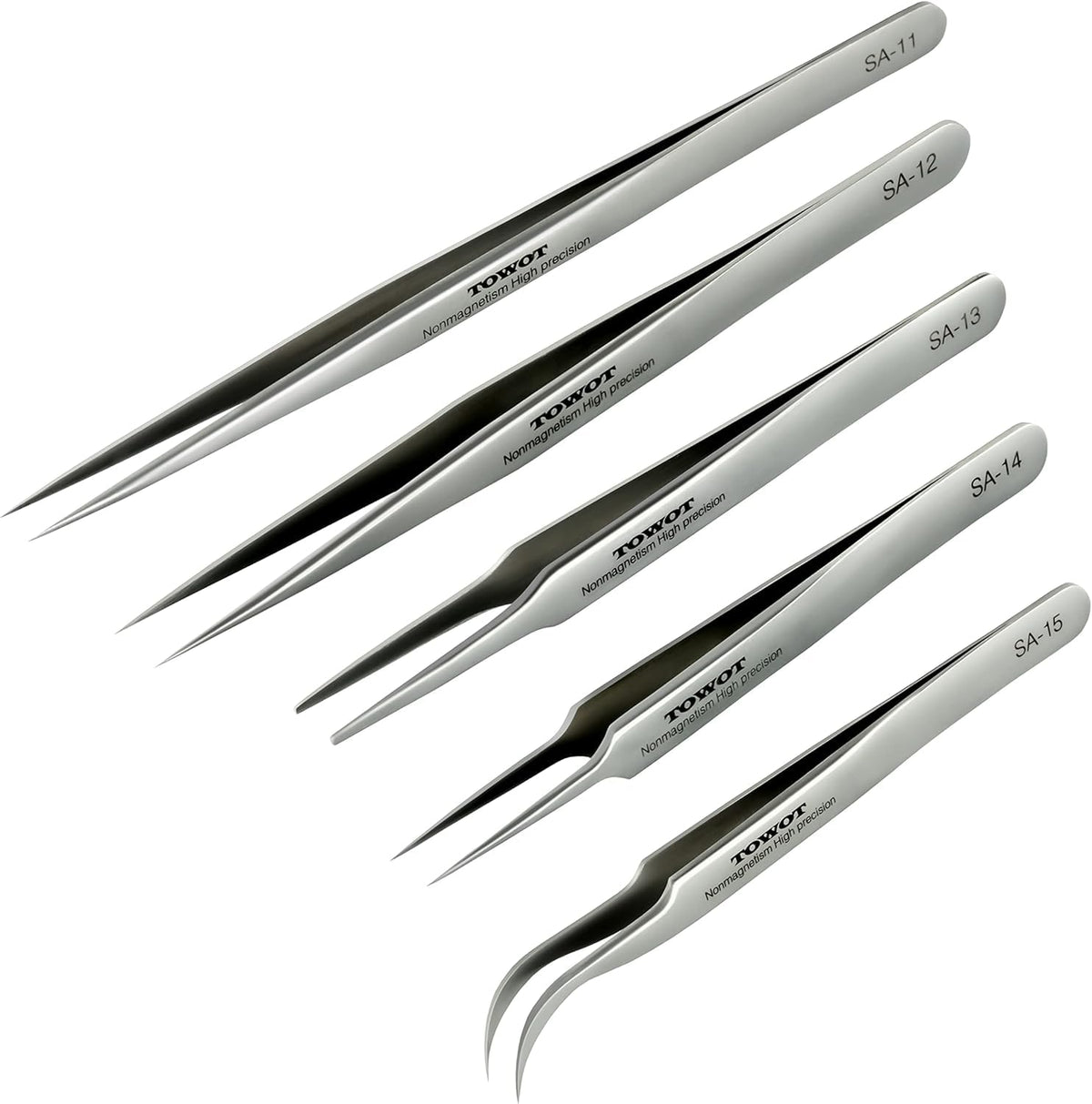 TOWOT precision tweezers with curved tips for jewelry and electronics.