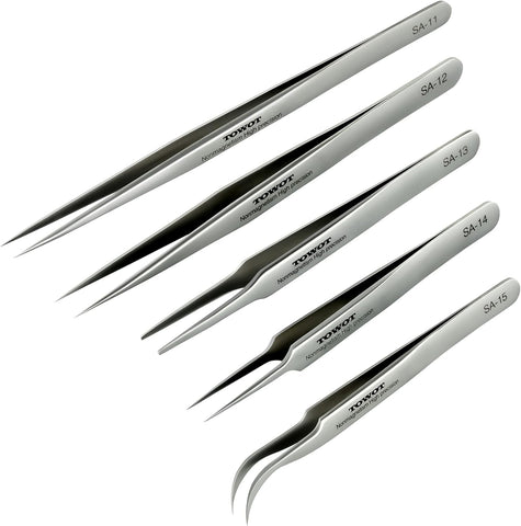 TOWOT precision tweezers with curved tips for jewelry and electronics.