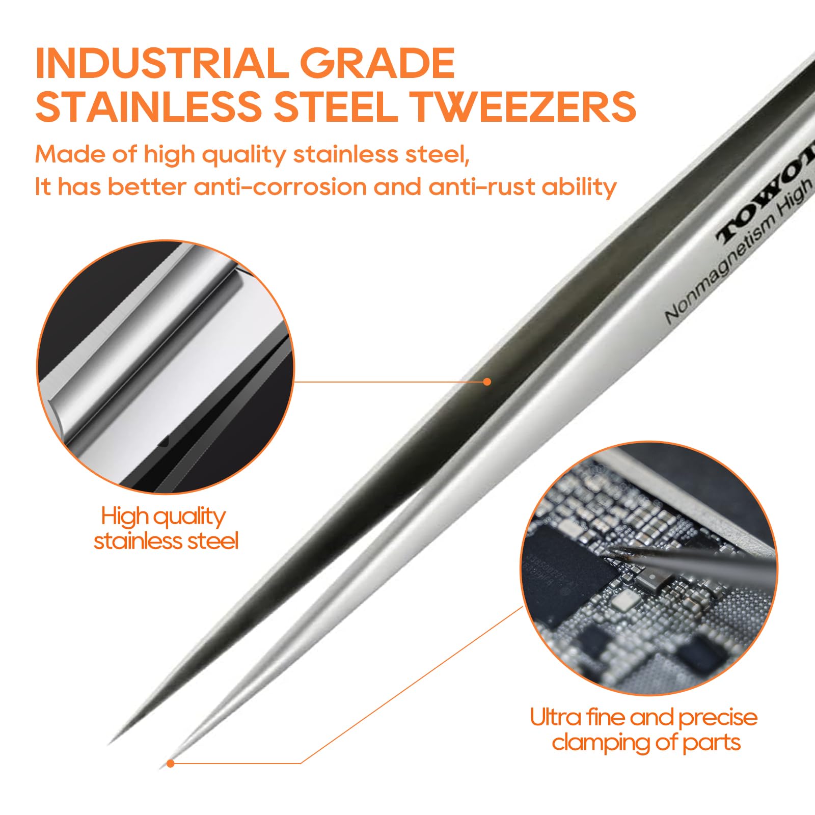 TOWOT stainless steel non-magnetic tweezers with a stable grip.