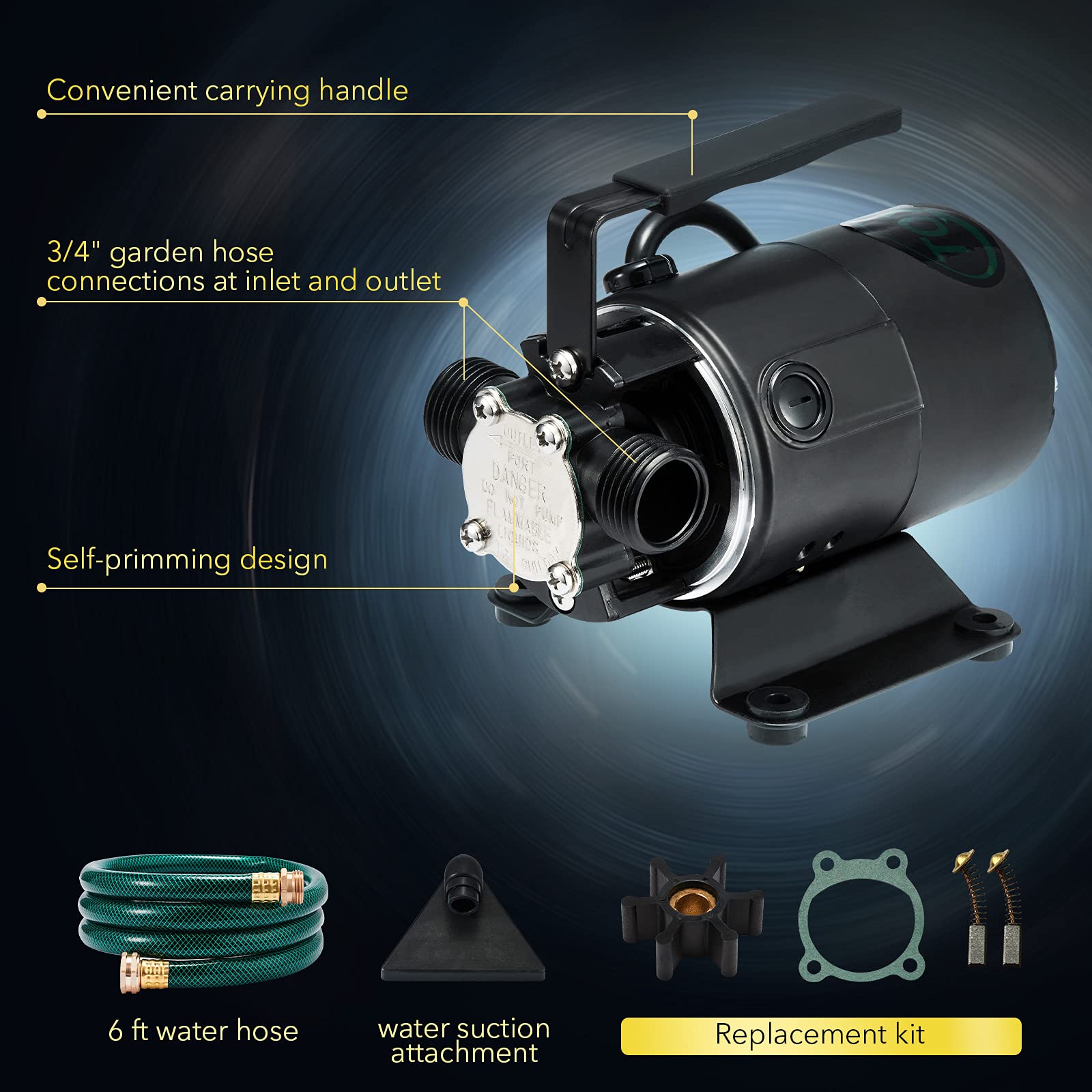 Toxic Inc 115V water transfer pump portable design for easy transport.