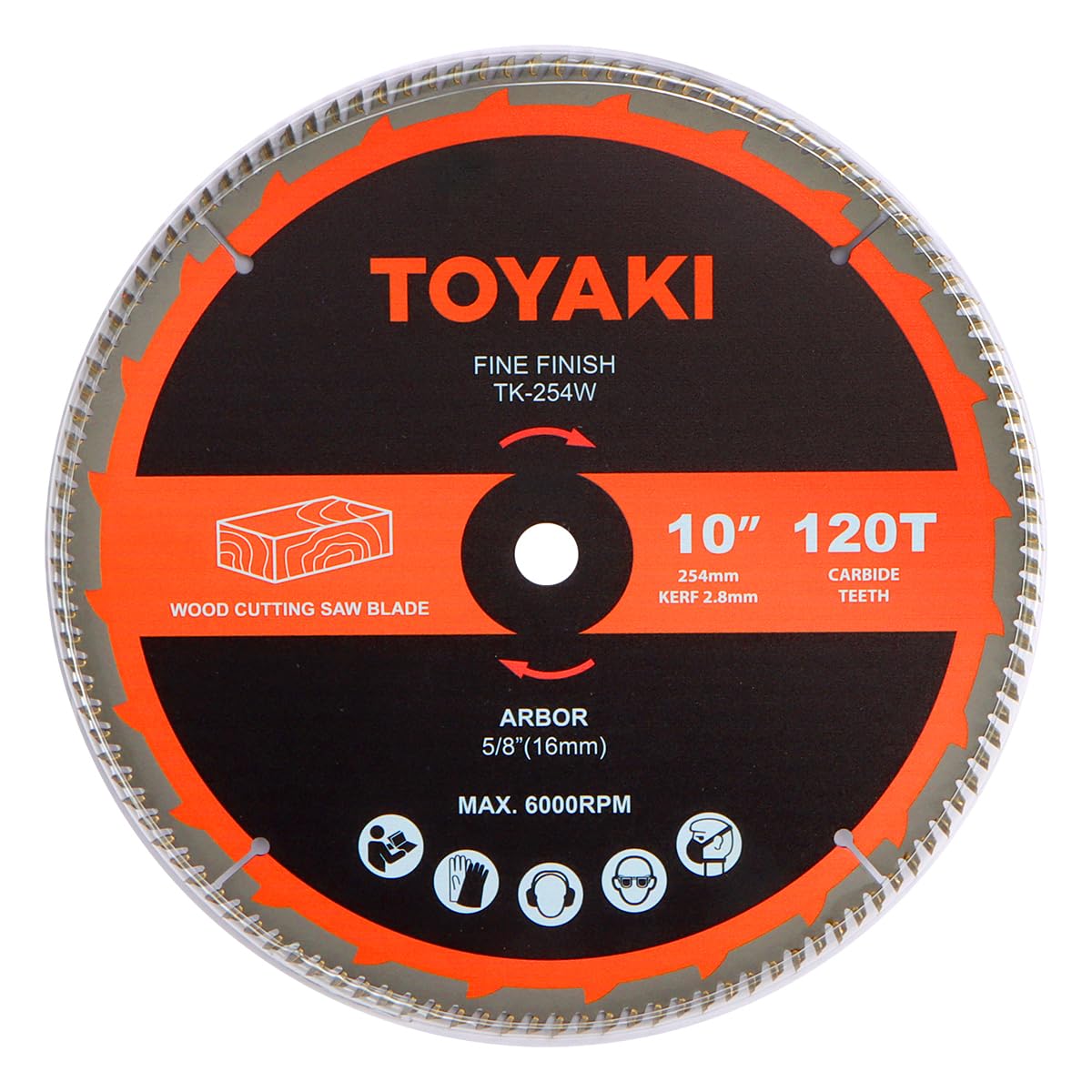 TOYAKI 10-inch miter saw blade close-up showing fine-tooth design for ultra-clean wood cuts