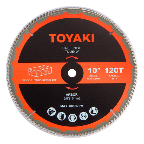 TOYAKI 10-inch miter saw blade close-up showing fine-tooth design for ultra-clean wood cuts