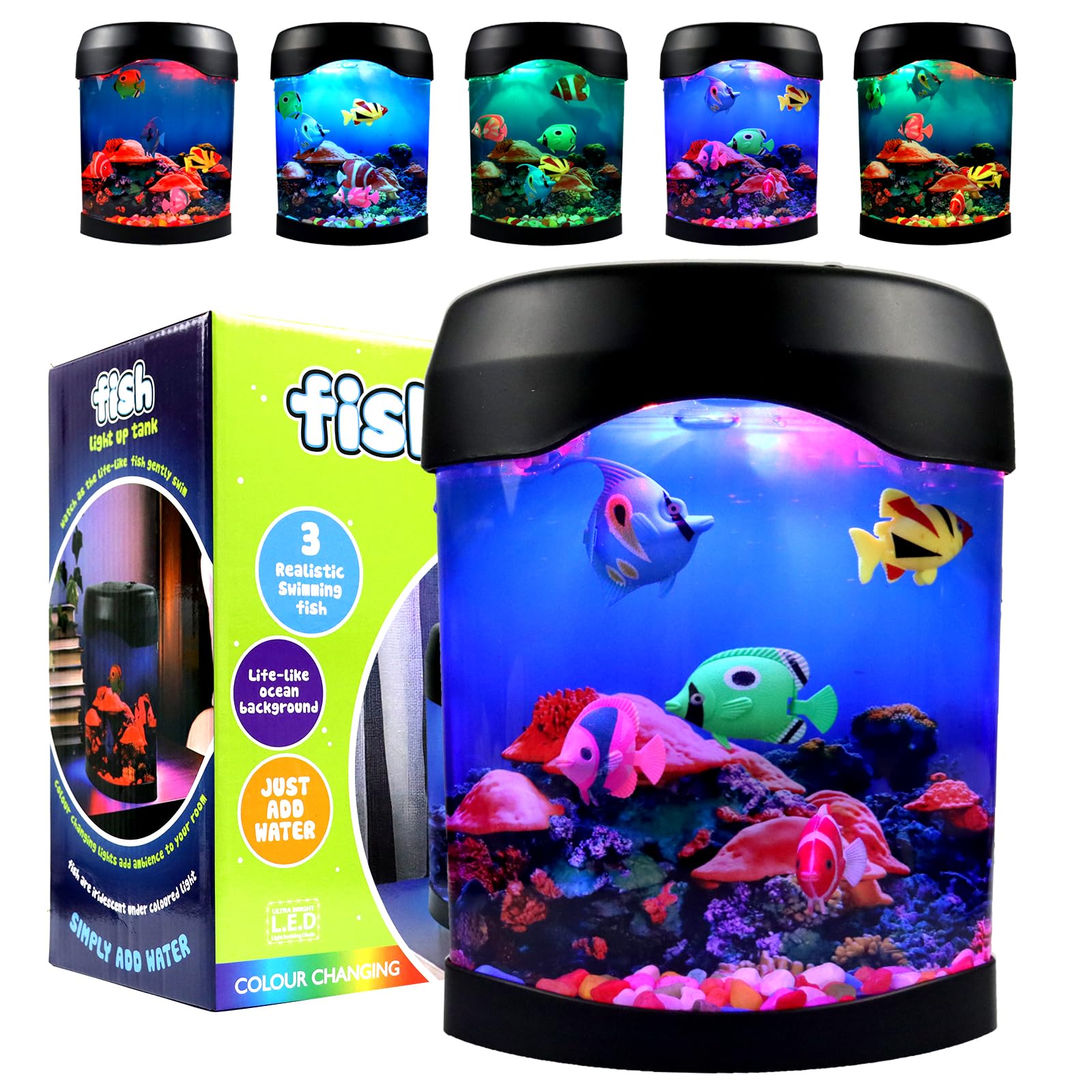Toycol Fake Fish Lamp front view with color-changing LEDs for ambient decor.