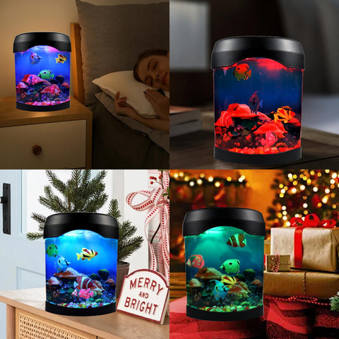 Toycol Fake Fish Lamp side view showing vivid fish and tranquil desk ambiance.