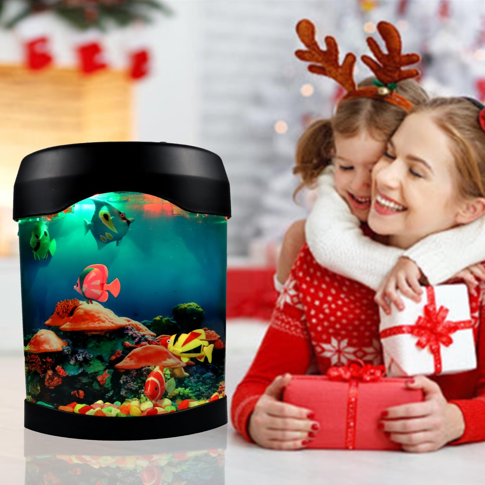 Toycol Mini Aquarium Desk Setup with five lifelike fish for playful decor.