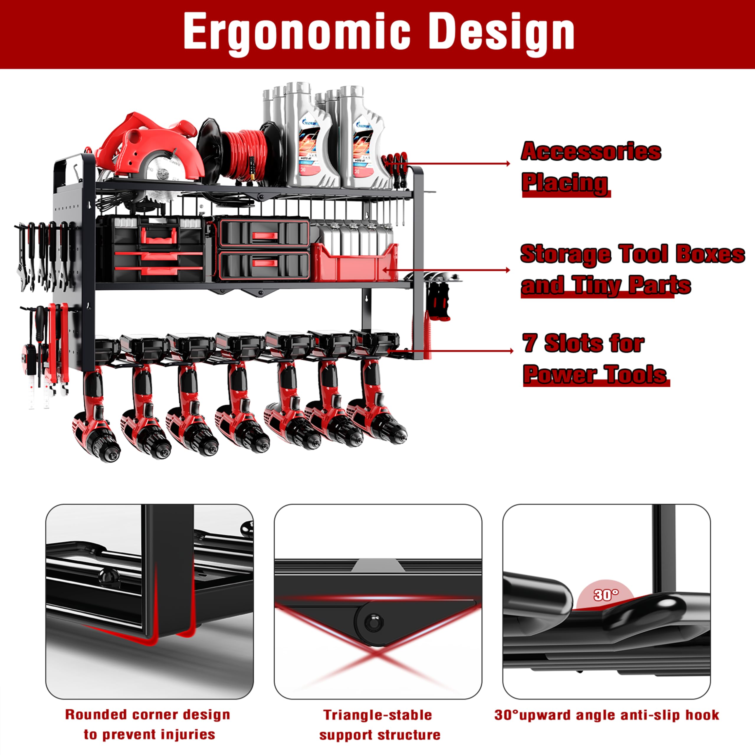 Toyear 150-lb tested load ensures sturdy storage for cordless kits.