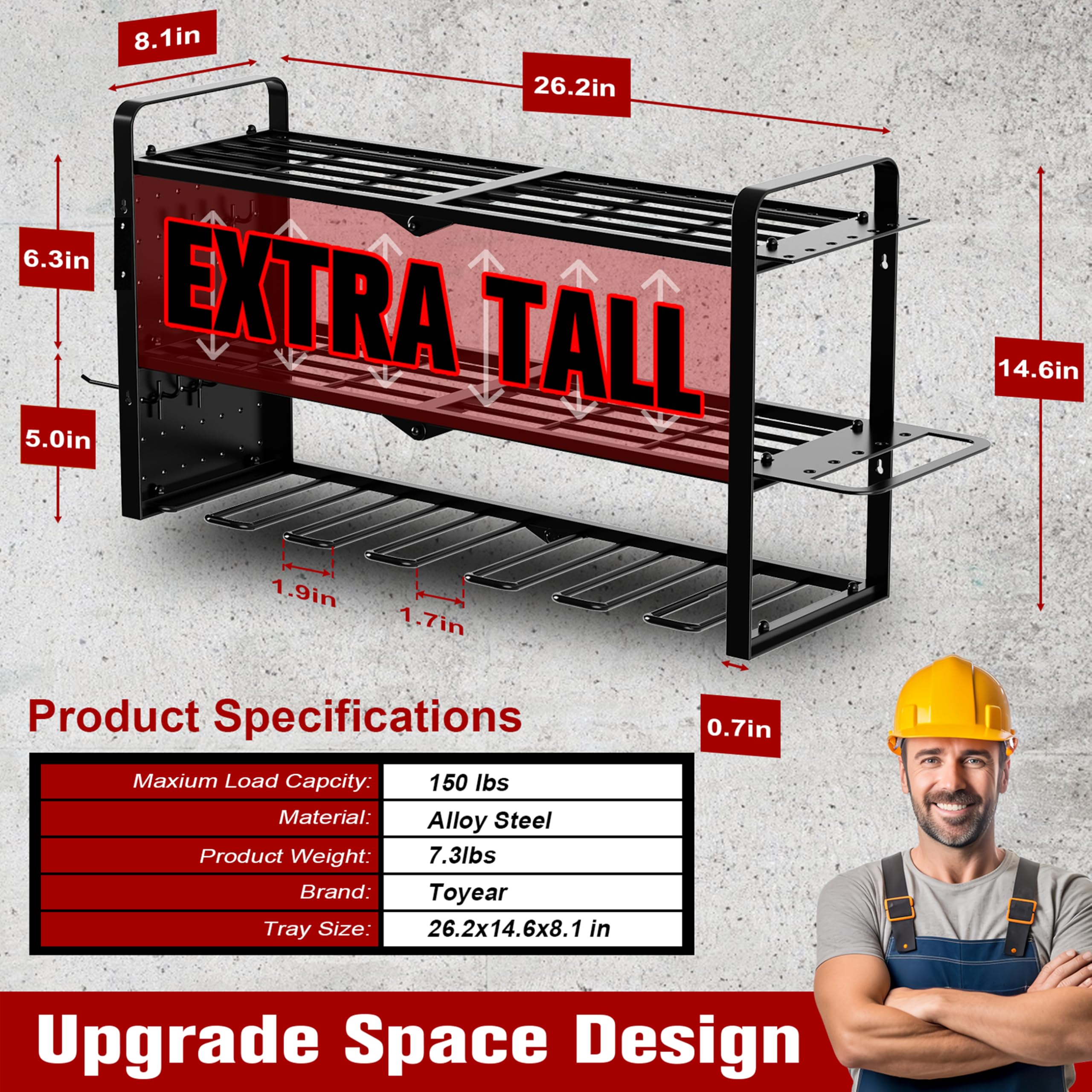 Toyear heavy-duty metal shelf supports large tools with durable construction.