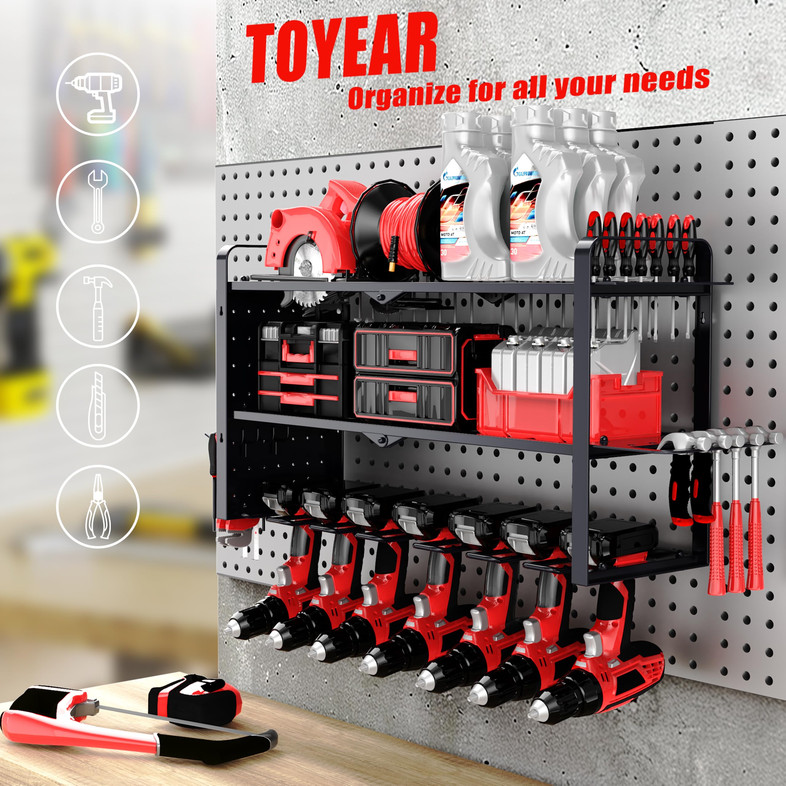 Toyear pegboard side hangers keep screwdrivers and hammers neatly within reach.