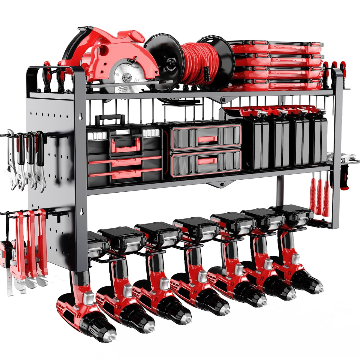 Toyear power tool organizer wall mount with drills neatly organized and accessible.