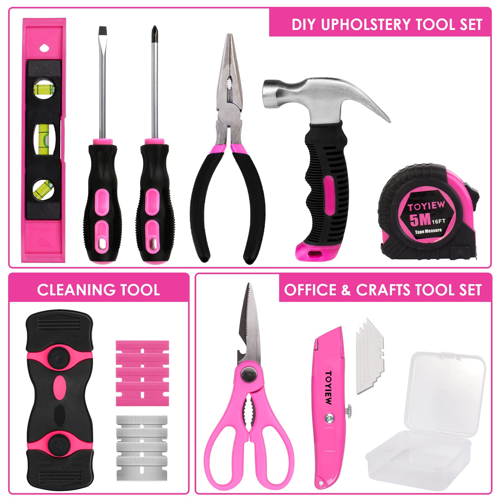 TOYIEW pink 3-in-1 stapler in action for chair reupholstery.