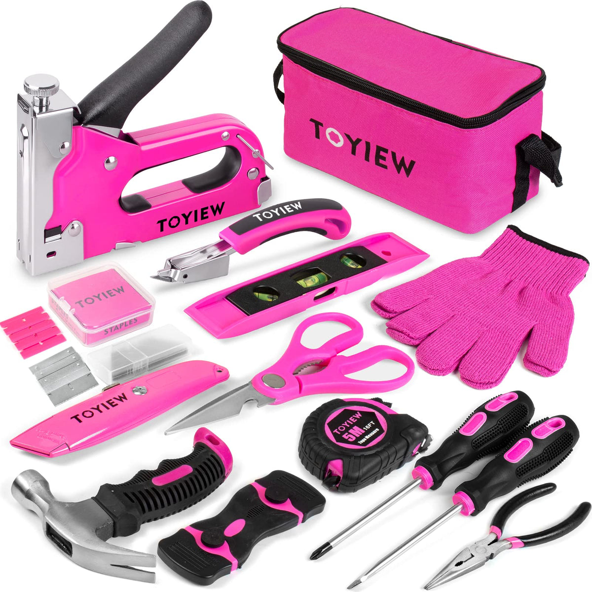 TOYIEW pink staple gun tool set unboxing shows a complete upholstery kit.