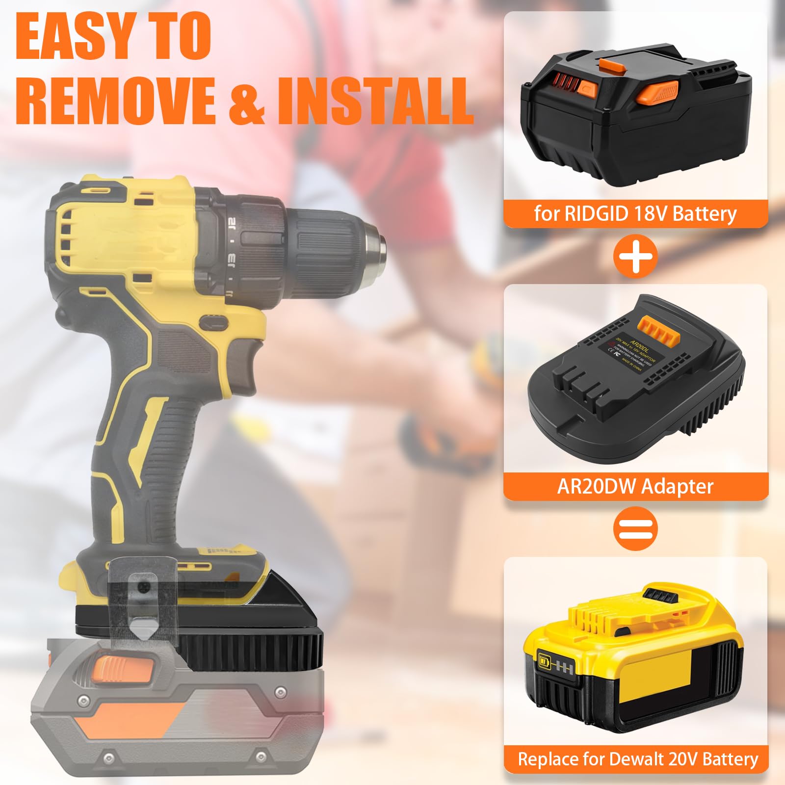 Adapter installed on a DeWalt tool demonstrates secure fit and quick setup.