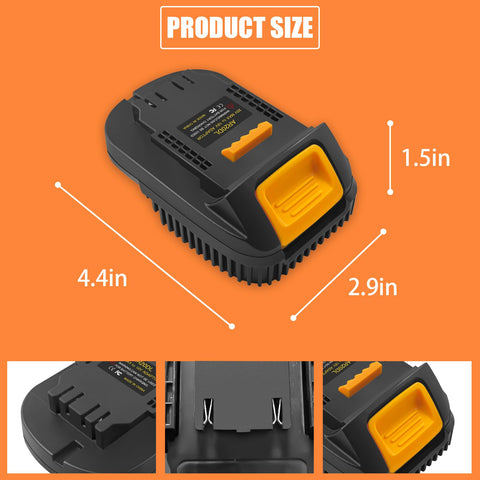 Installed Ridgid 18V battery connected to DeWalt 20V tool via adapter.