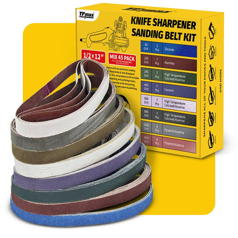 TPmax knife sharpener belt kit overview with diverse belts for versatile sharpening