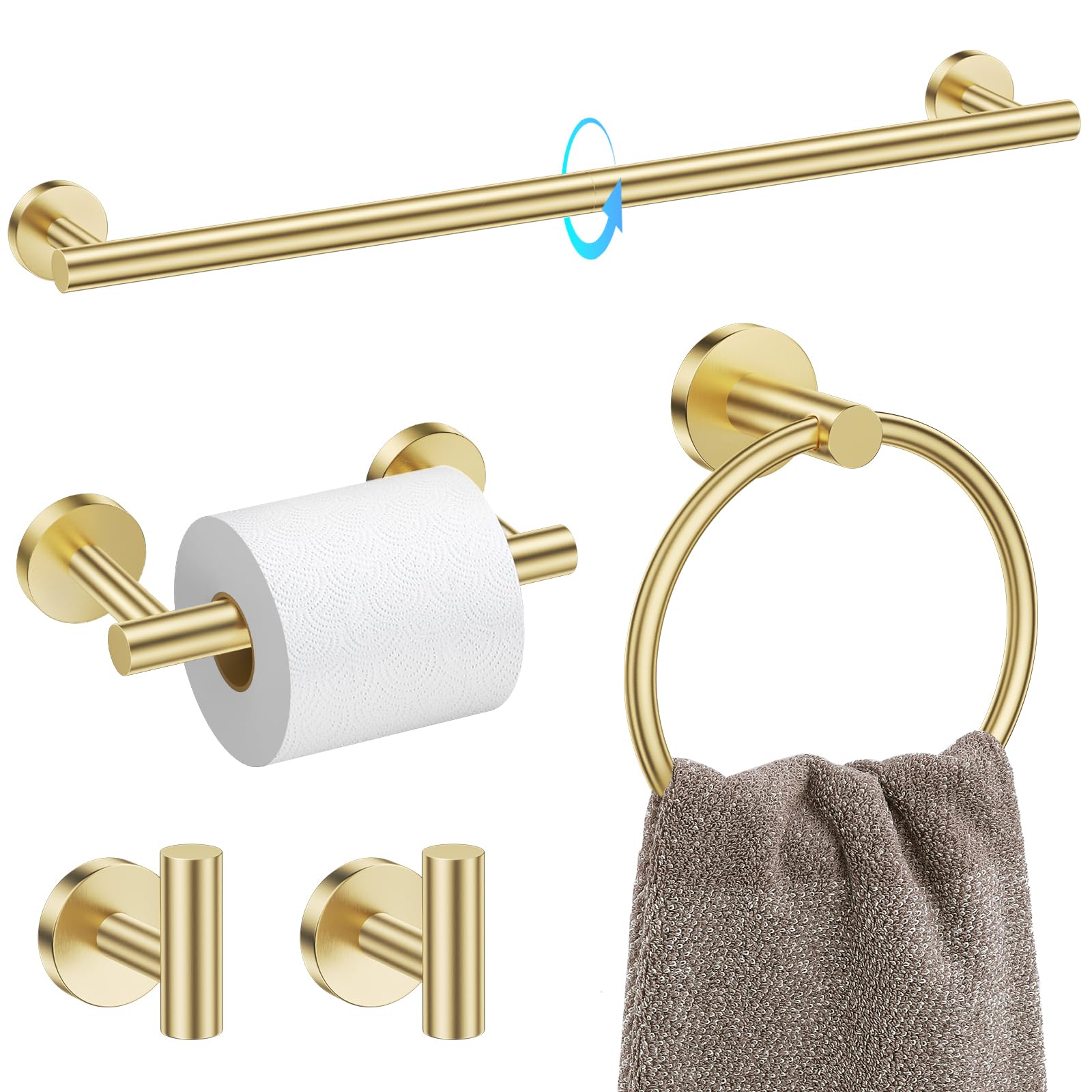 TQKAG Brushed Gold 5-piece set for coordinated bathroom organization and durability.