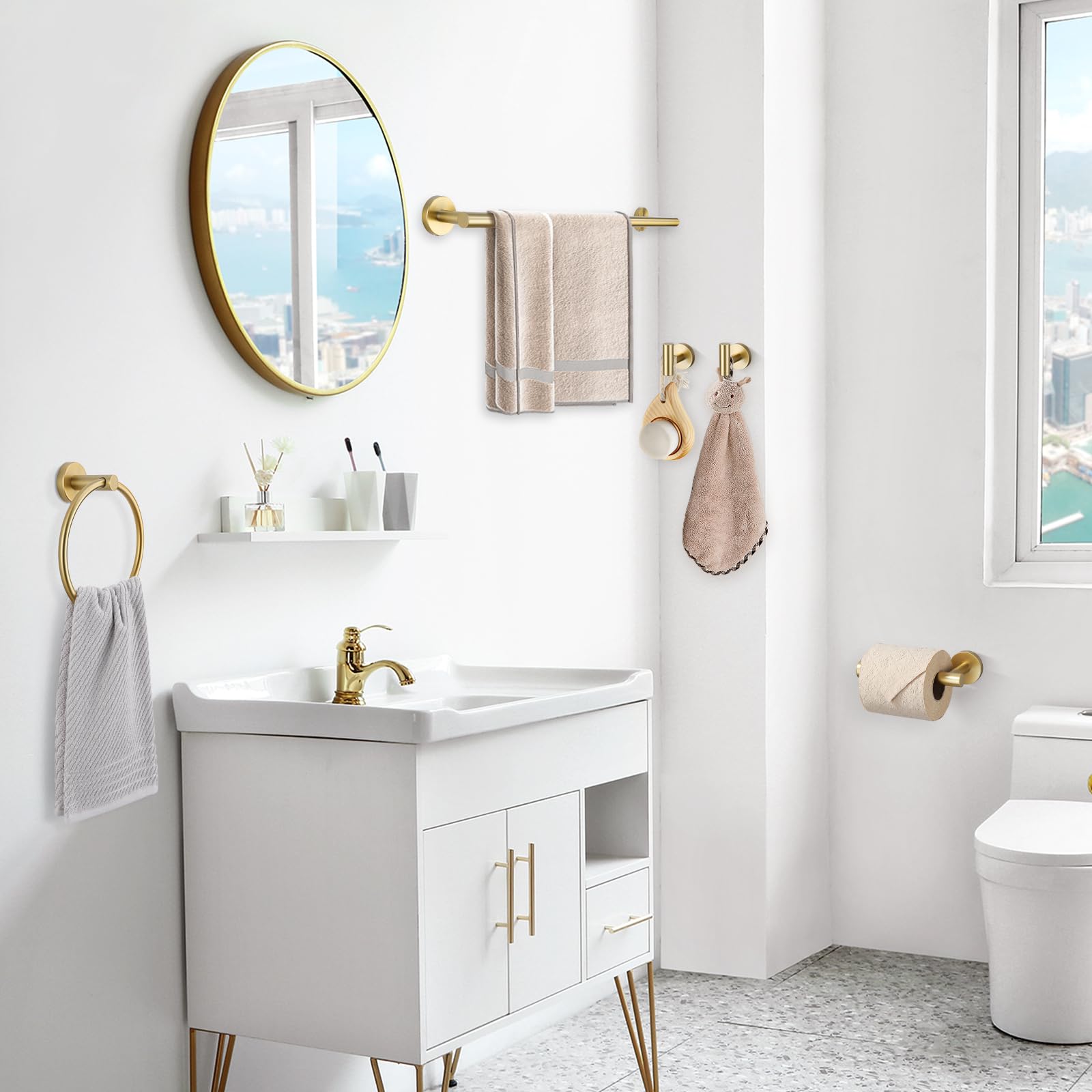 Contemporary brushed gold finish adds luxury to any bathroom.