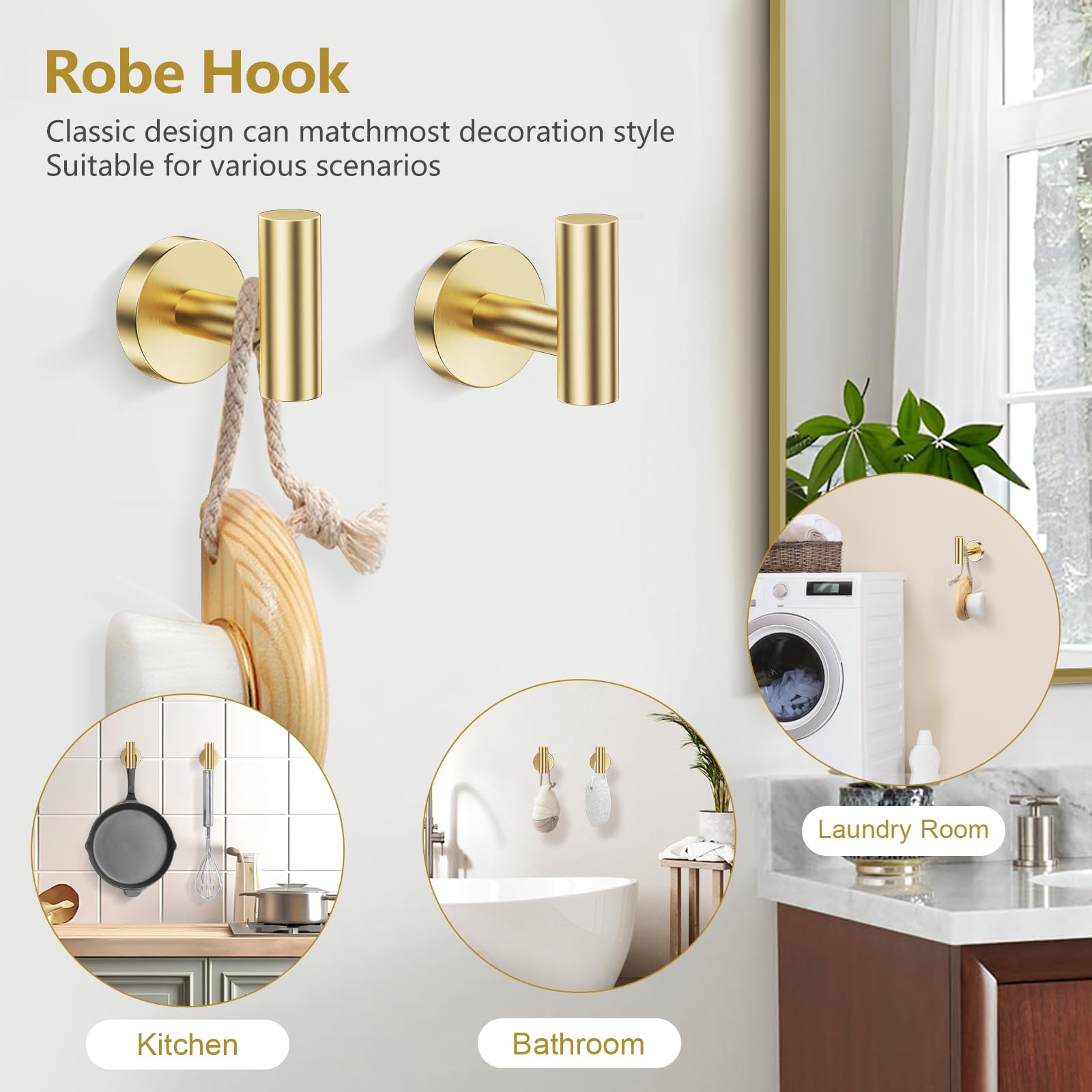 TQKAG Brushed Gold wall hooks offer versatile storage for robes and accessories.