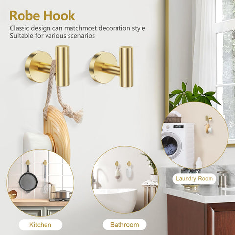 TQKAG Brushed Gold wall hooks offer versatile storage for robes and accessories.