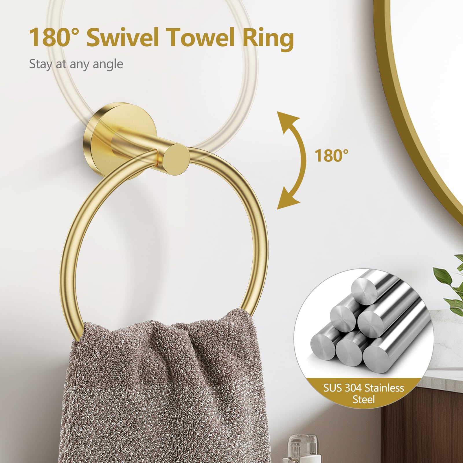 TQKAG Brushed Gold double-post pivoting toilet paper holder prevents slips.