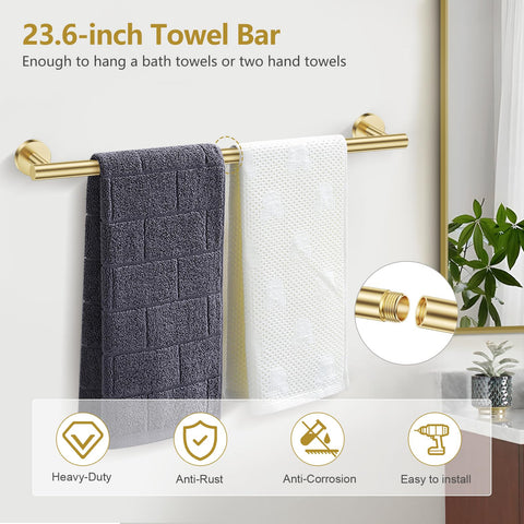 TQKAG Brushed Gold towel bar 23.6 inches provides sturdy drying space.