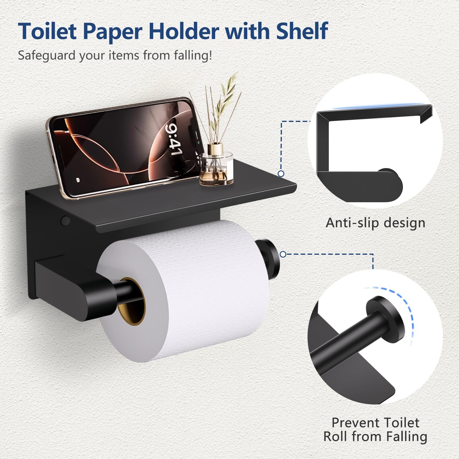 TQKAG toilet paper holder with shelf in matte black keeps essentials accessible