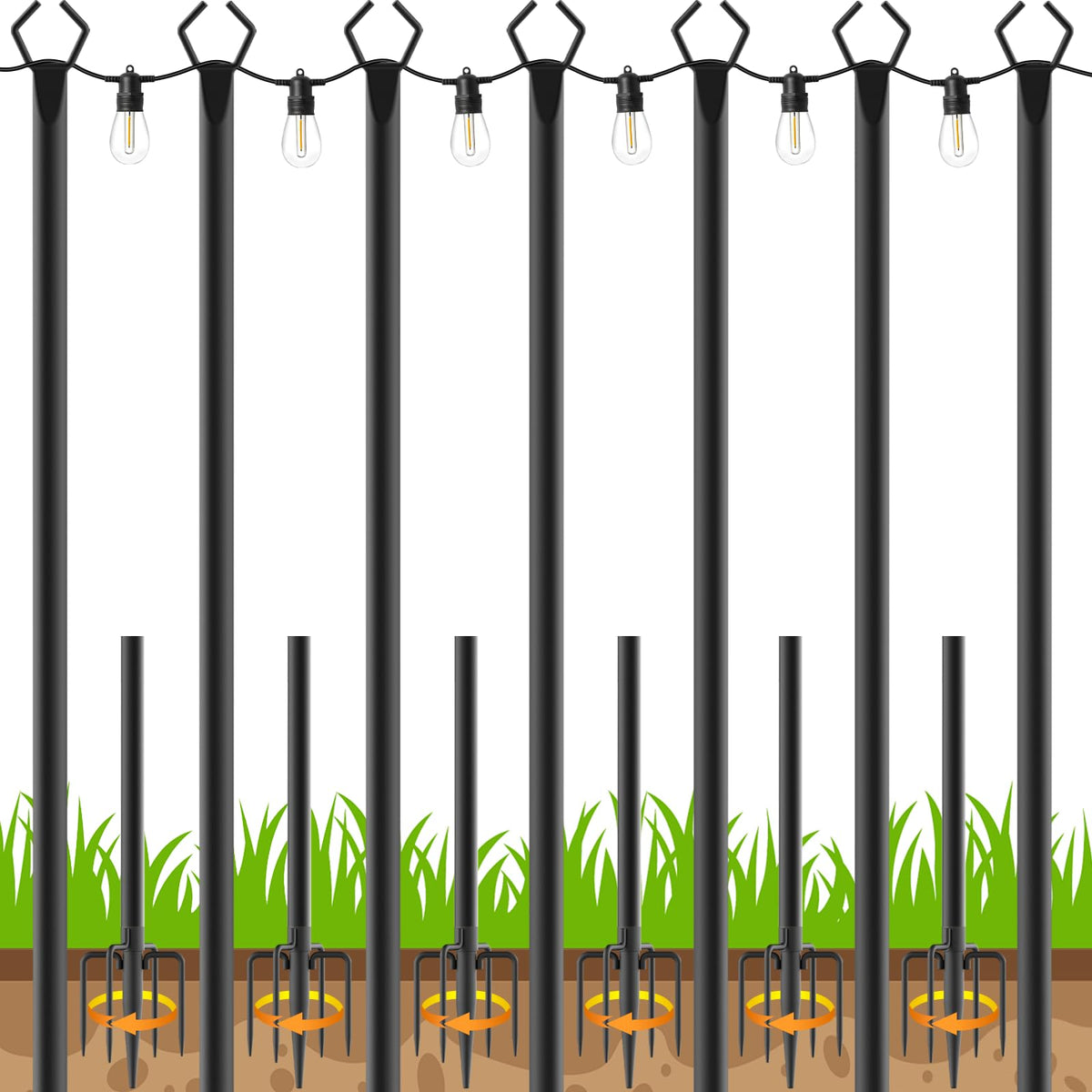 TQQVXX 7-pack 10ft string light poles with fork base for stable ground installation.