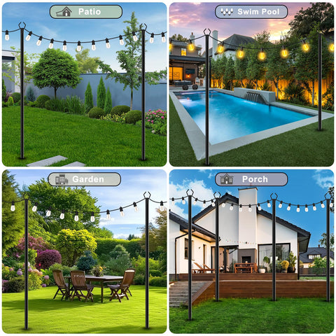 TQQVXX string light poles with black finish add sleek outdoor ambience.