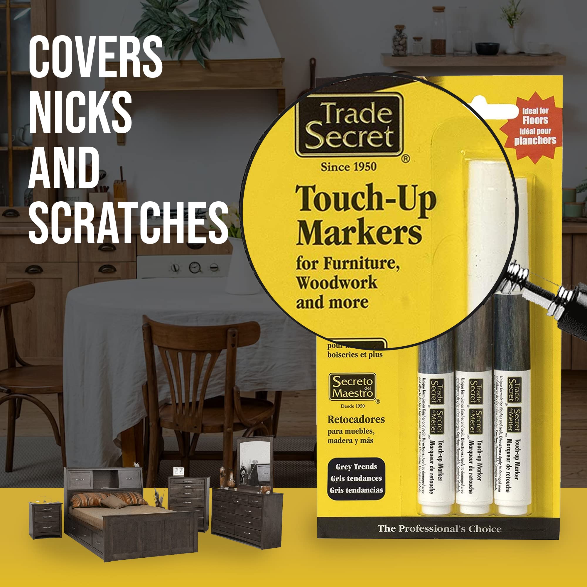 Trade Secret floor and woodwork marker offers coverage for worn areas.
