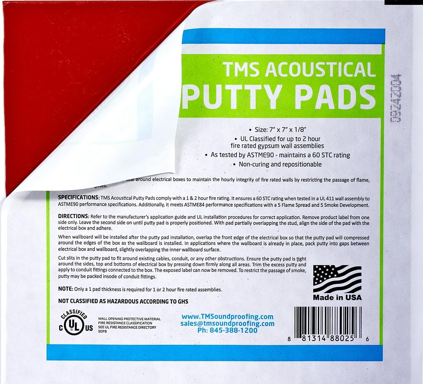 Trademark Soundproofing putty pad close-up in red intumescent material for fire safety.