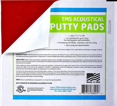 Trademark Soundproofing putty pad close-up in red intumescent material for fire safety.